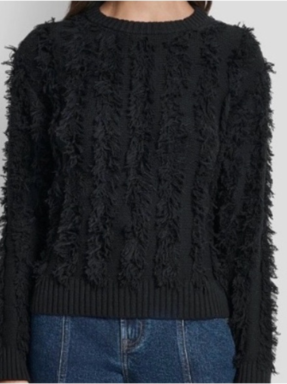 DKNY Jeans black fringe crew neck sweater - removed tags but never worn - Size S